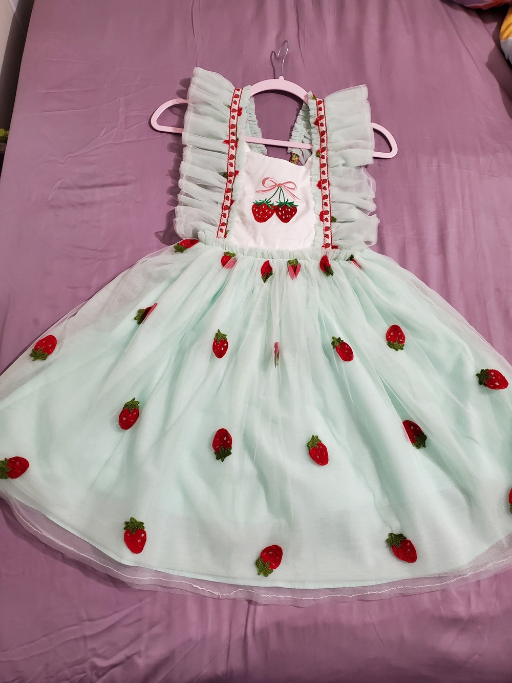 Mint Strawberry Embroidered Girls Dress